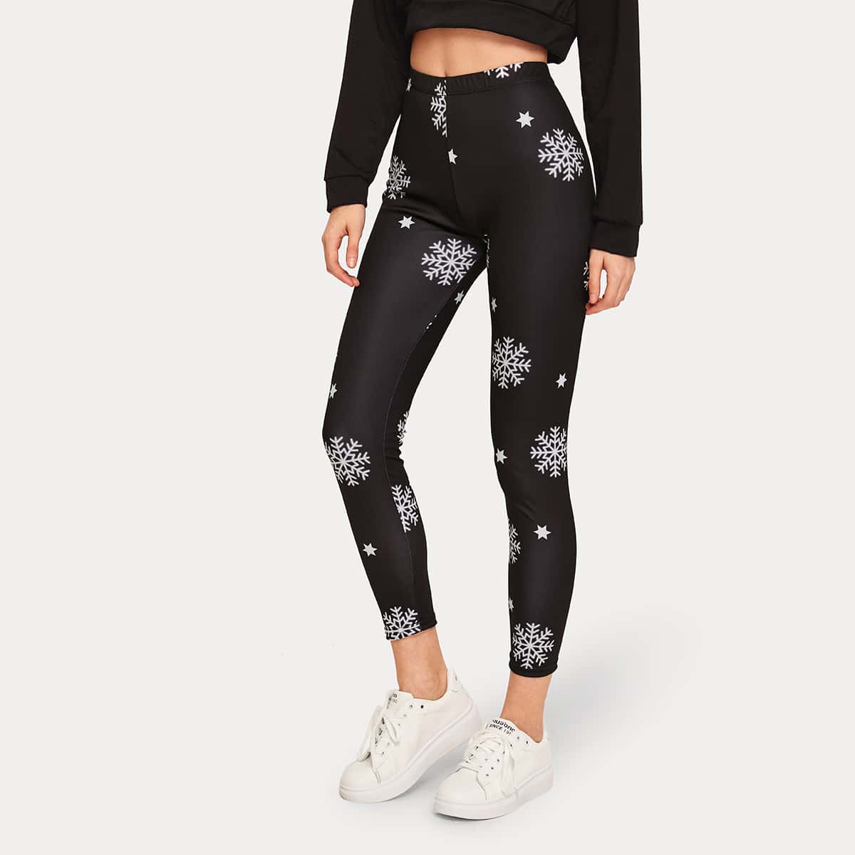 

Snowflakes Print Cropped Leggings, Black