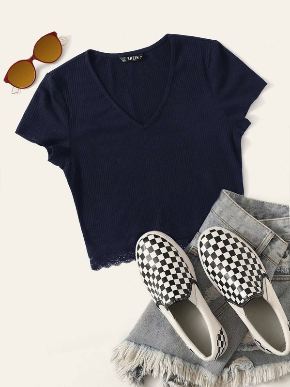 

V-neck Lace Hem Rib-knit Top, Navy