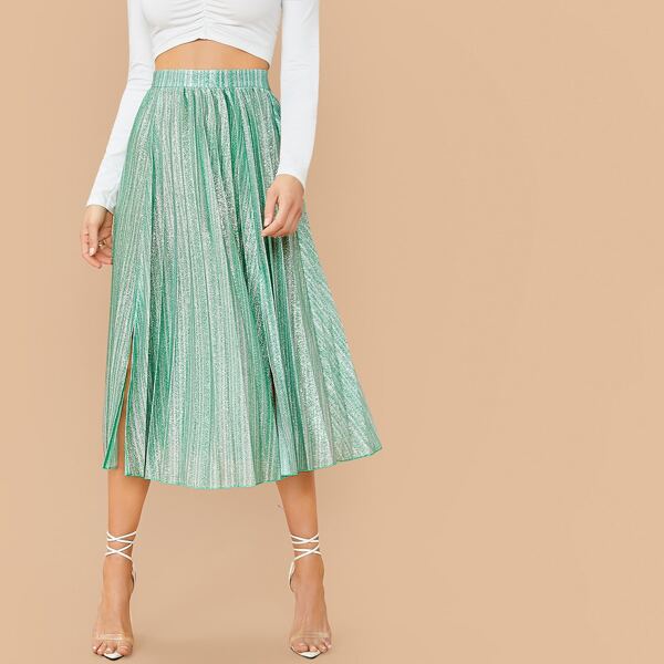 

M-slit Hem Pleated Glitter Skirt, Mint green