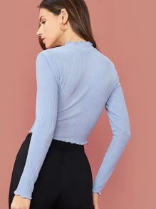 SHEIN Top tejido de canalé ribete en forma de lechuga - Neblina azul - Ver 2