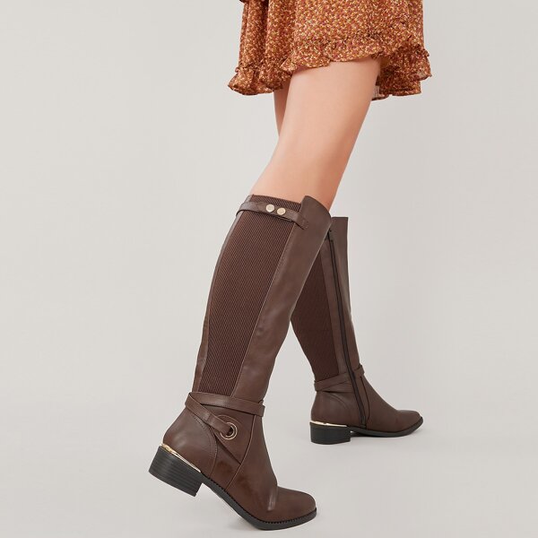 

Metal Heel Detail Strappy Knee High Ribbed Boots, Brown