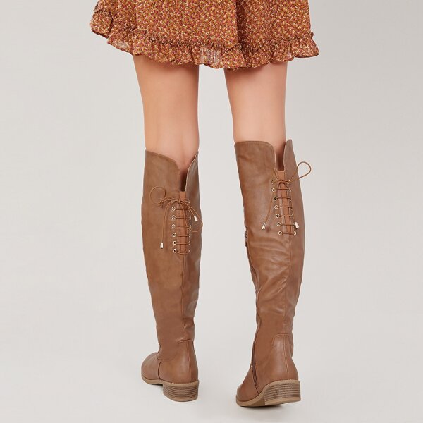 

Lace Up Back Low Stacked Heel Knee Boots, Camel