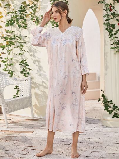 Floral Print Contrast Lace Satin Night Dress