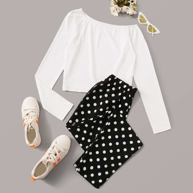 

Asymmetrical Neck Rib-Knit Tee With Polka Dot Pants, Black and white