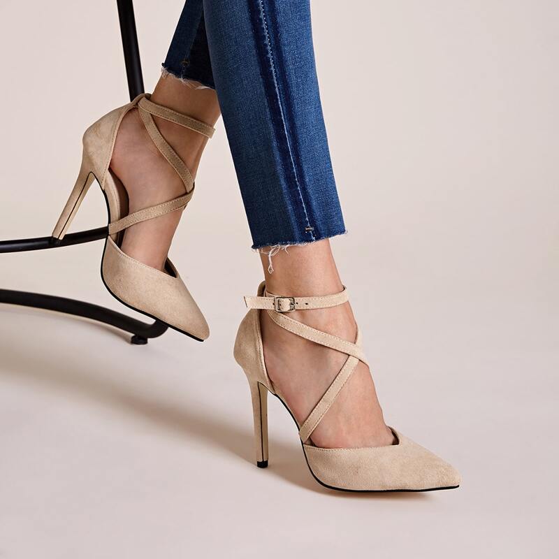 

Point Toe Criss Cross Stiletto Heels, Beige