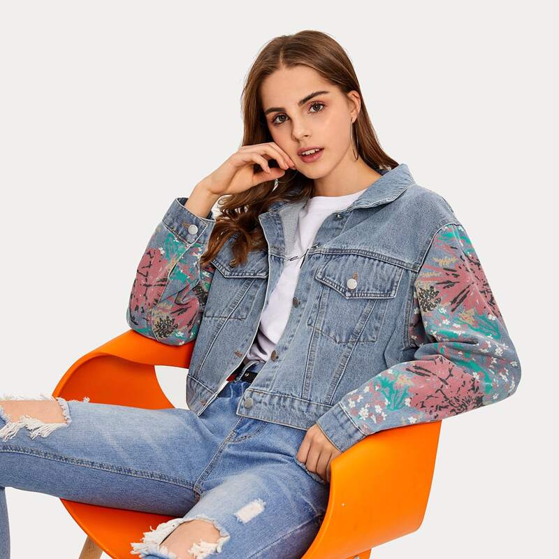 

Floral Print Denim Trucker Jacket, Blue
