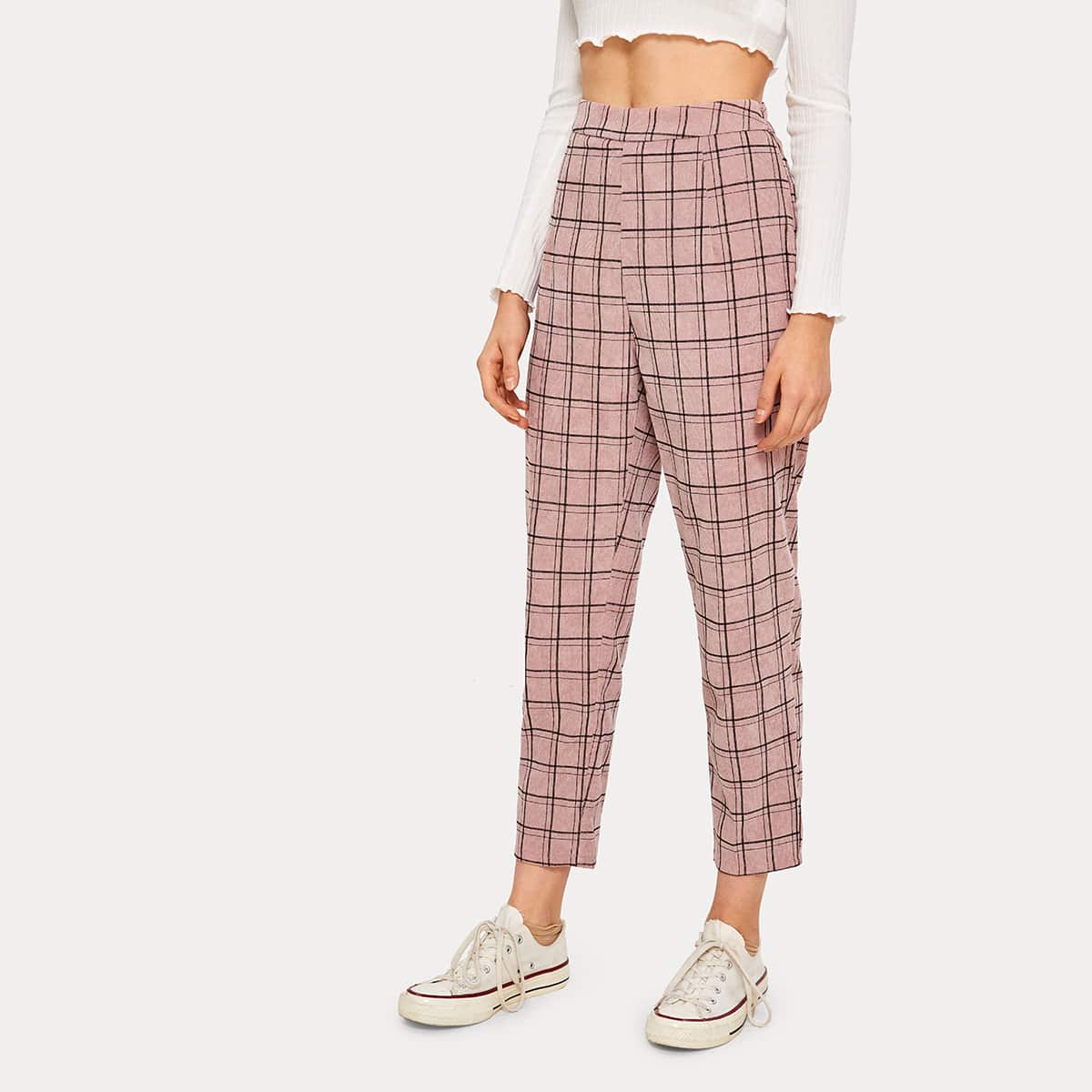 

High Waist Plaid Cropped Cigarette Pants, Pink