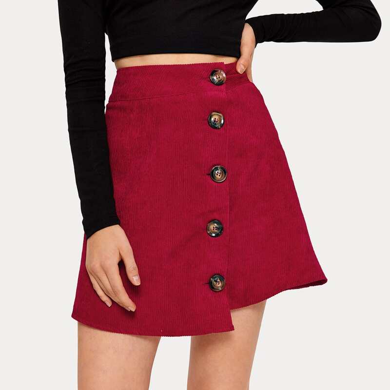 

Button Front Asymmetrical Hem Corduroy Skirt, Red bright