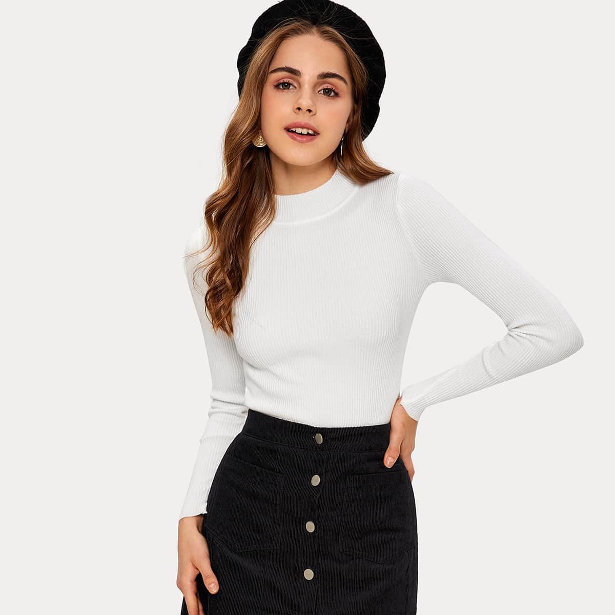 

Solid Mock Neck Ribbed Knit Sweater, White