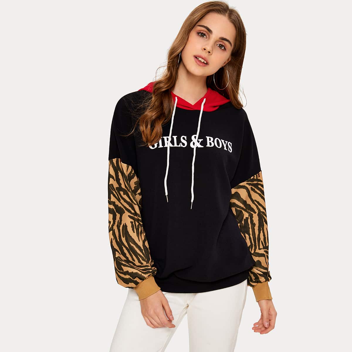 

Letter Graphic Colorblock Drawstring Oversized Hoodie, Black