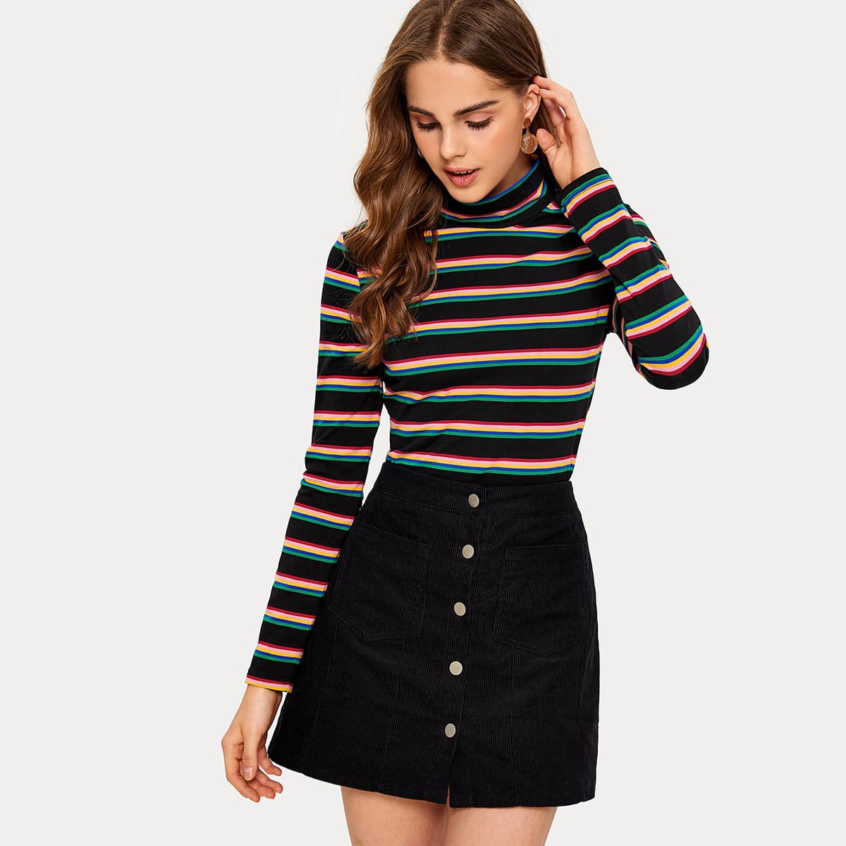 

High Neck Colorful Stripe Top, Multicolor