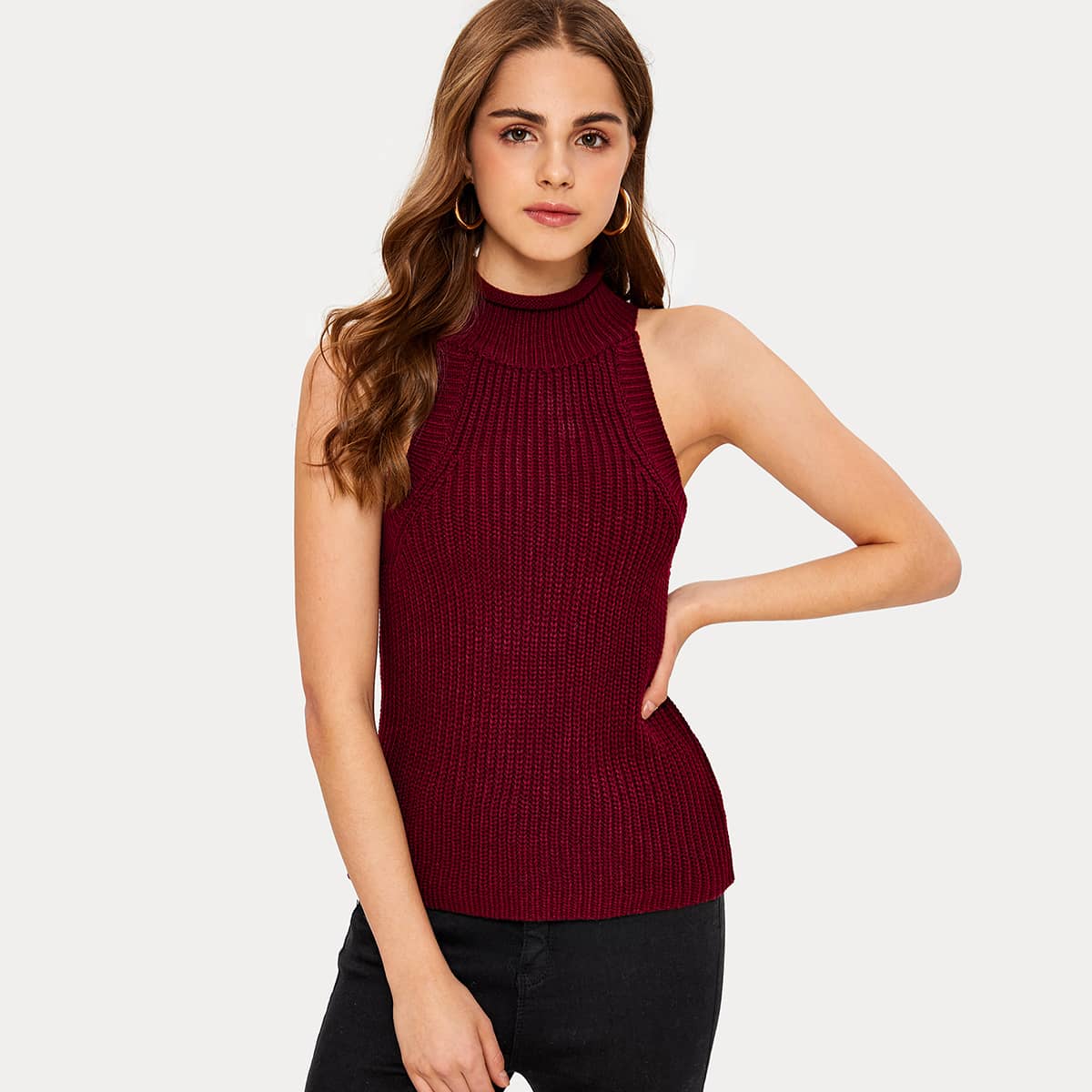 

Rib-knit Halterneck Top, Burgundy