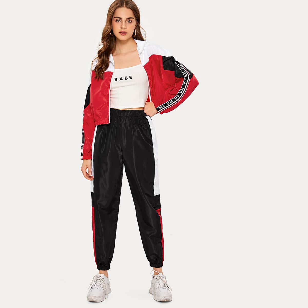 

Letter Tape Cut And Sew Windbreaker Jacket With Sweatpants, Multicolor