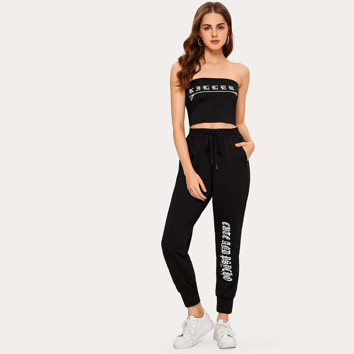 

Letter Graphic Tube Top & Drawstring Waist Sweatpants, Black