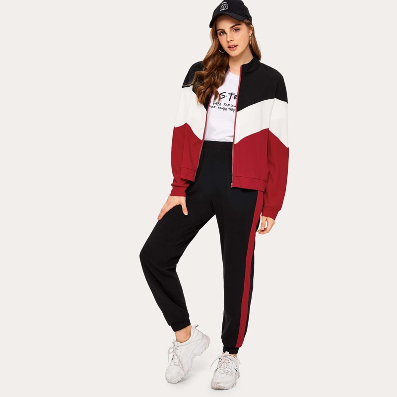

Zip Up Chevron Colorblock Sweatshirt & Joggers Set, Multicolor