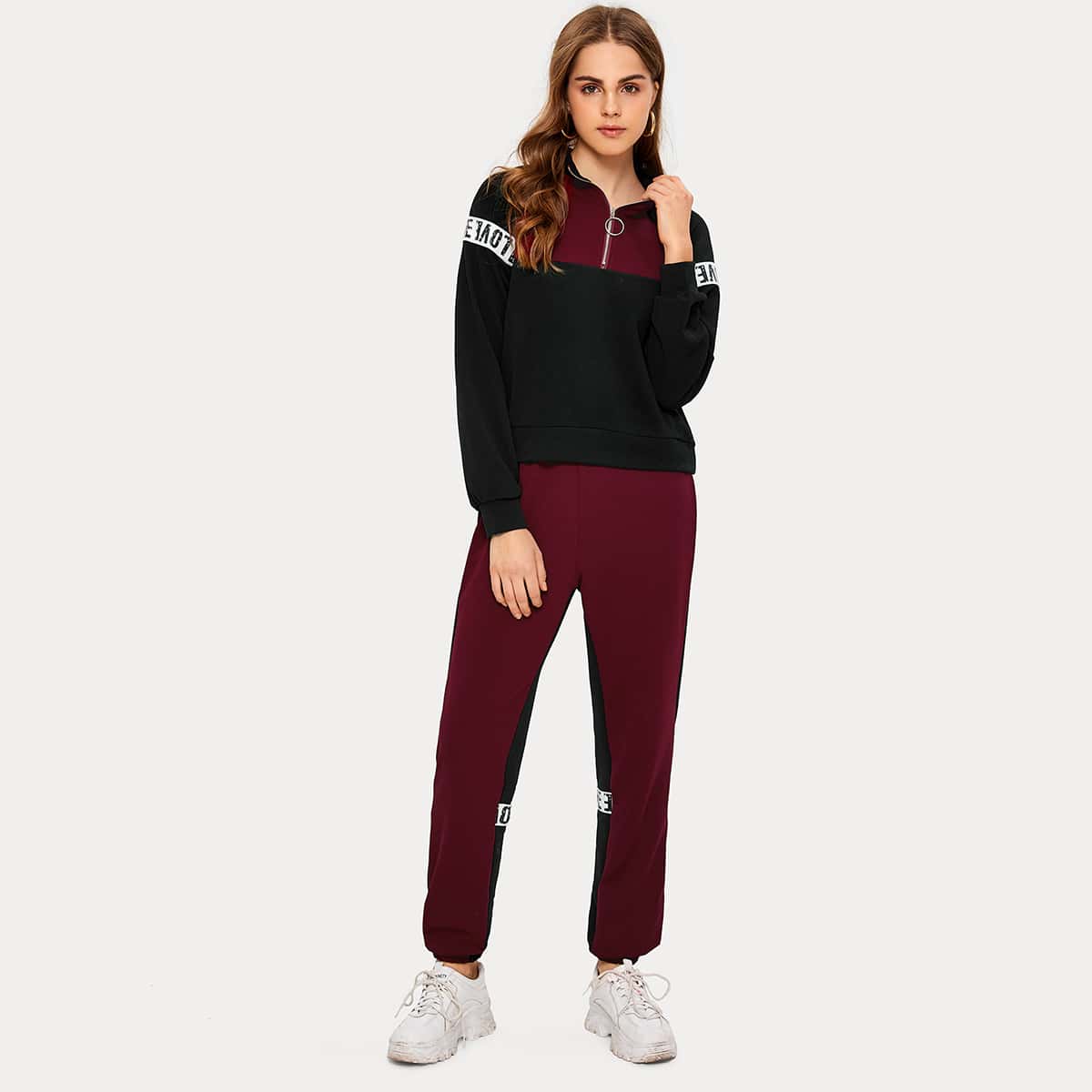 

Letter Tape Color-block Sweatshirt & Sweatpants Set, Multicolor