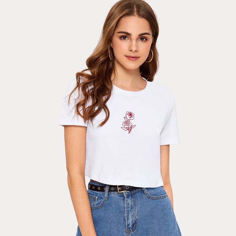 

Rose Print Crop Tee, White