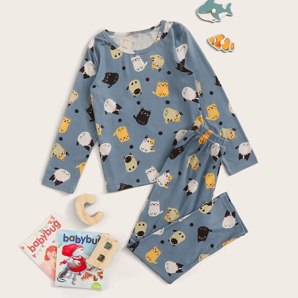 

Boys Cartoon Cat Print PJ Set, Blue