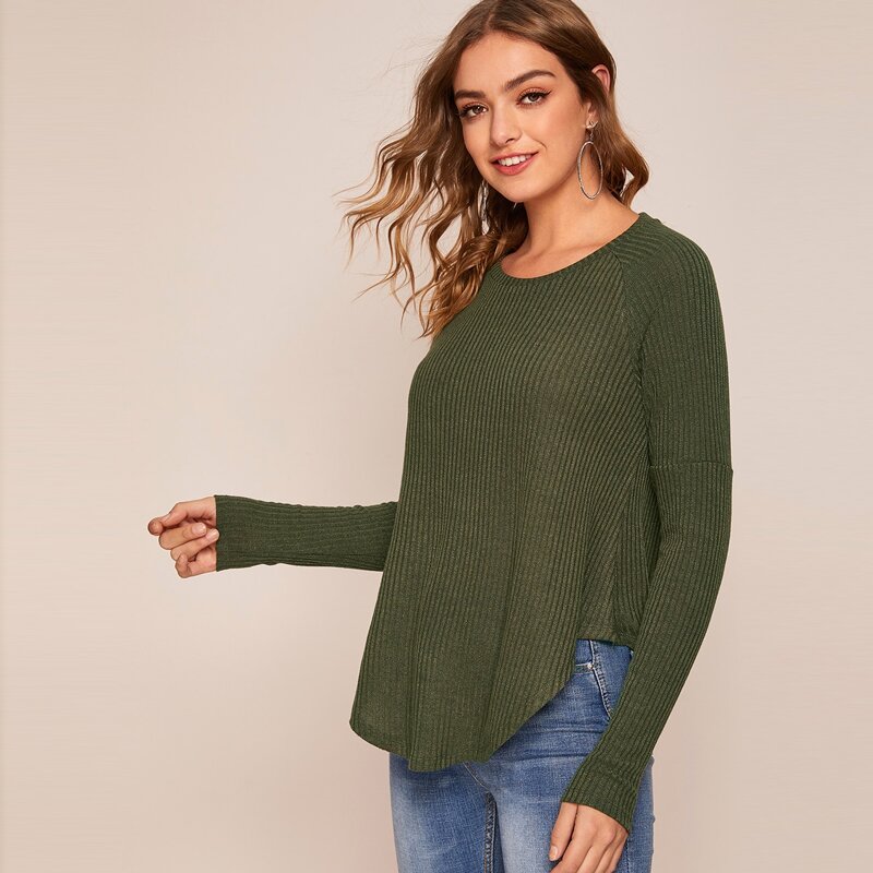 

Rib-Knit Curved Hem Tee, Army green