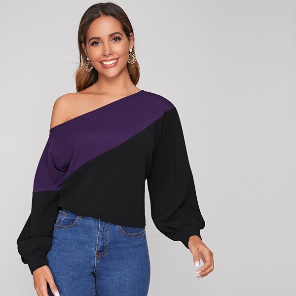 

Asymmetrical Neck Colorblock Top, Multicolor