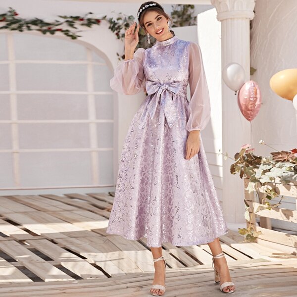 

Organza Lantern Sleeve Floral Jacquard Belted Dress, Purple