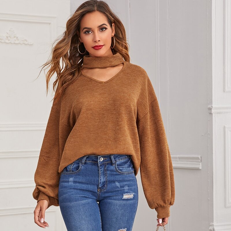 

Choker Neck Lantern Sleeve Top, Camel
