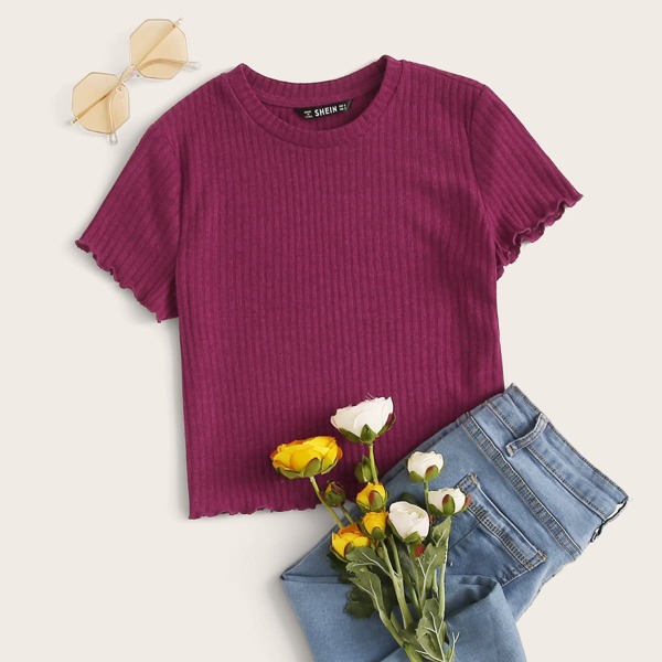 

Lettuce Trim Rib-knit Crop Tee, Purple