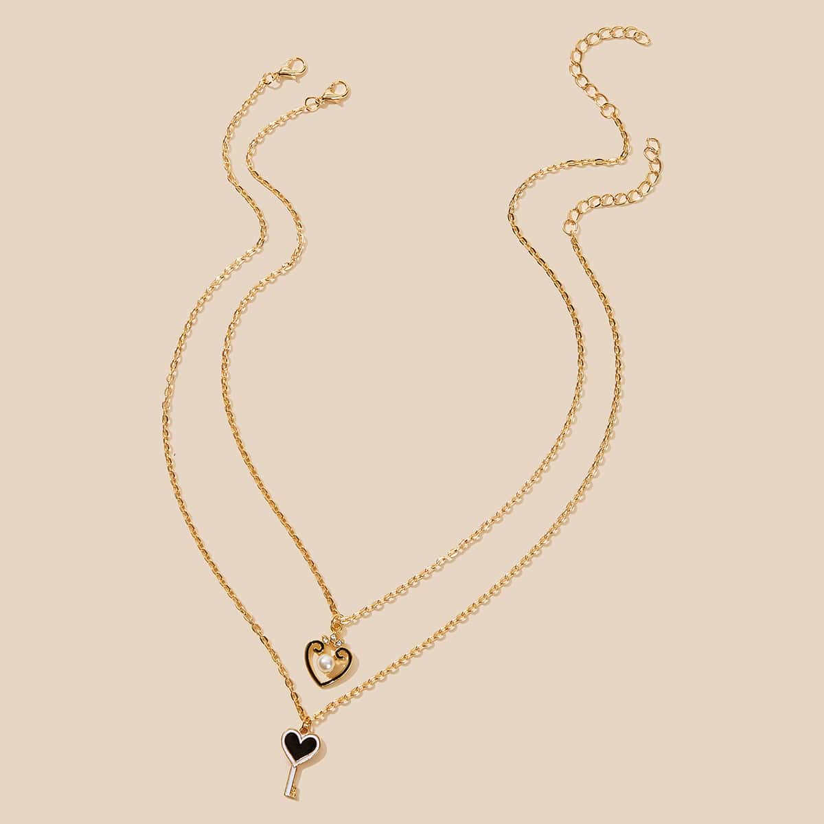 

2pcs Heart Pendant Chain Necklace, Gold