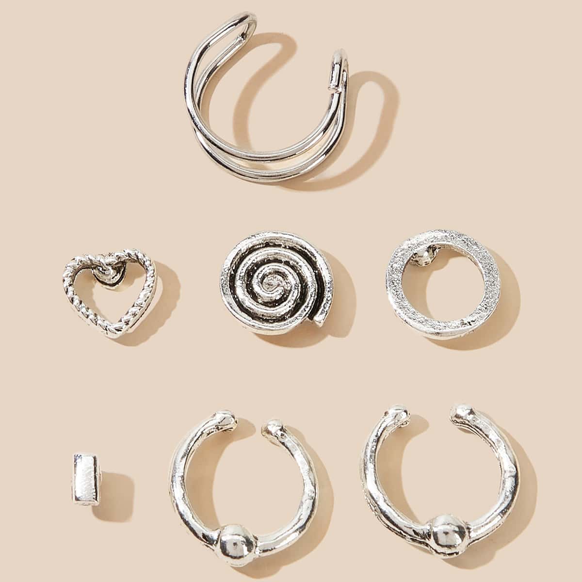 

7pcs Heart & Geometric Earring Set, Silver
