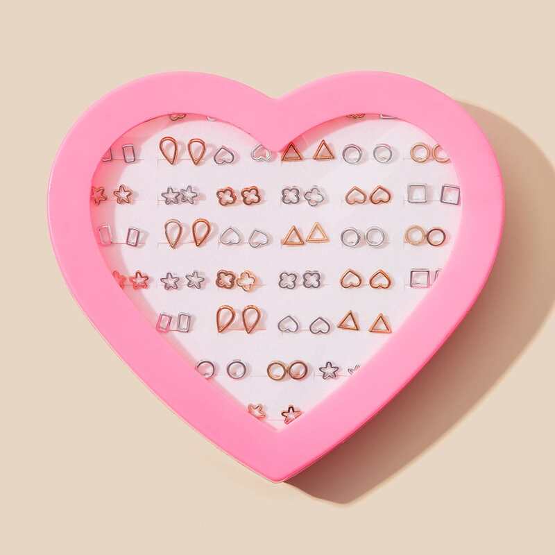 

36pairs Heart & Geometric Stud Earrings With Box, Multicolor