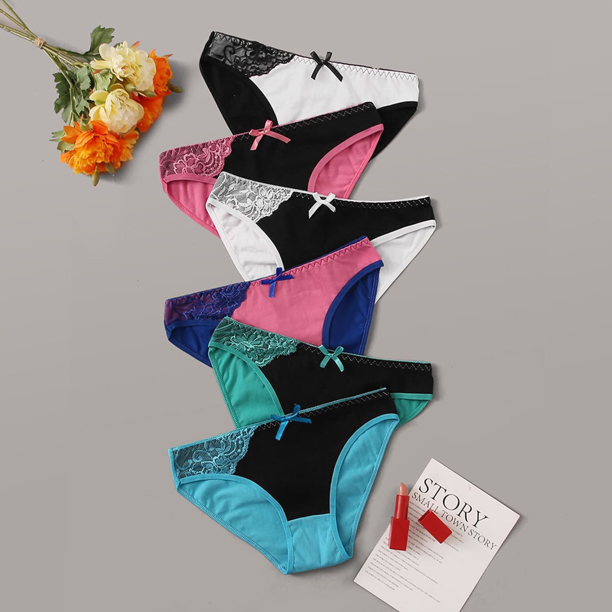 

6pack Contrast Lace Colorblock Panty Set, Multicolor