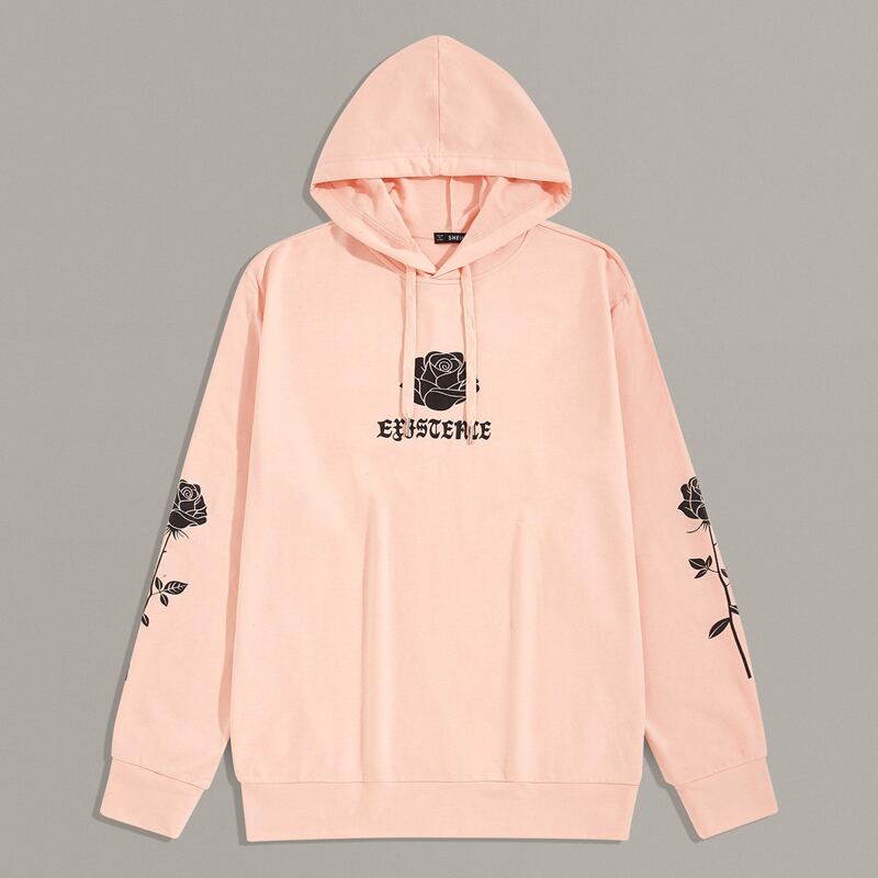 

Guys Floral and Letter Graphic Hoodie, Pink