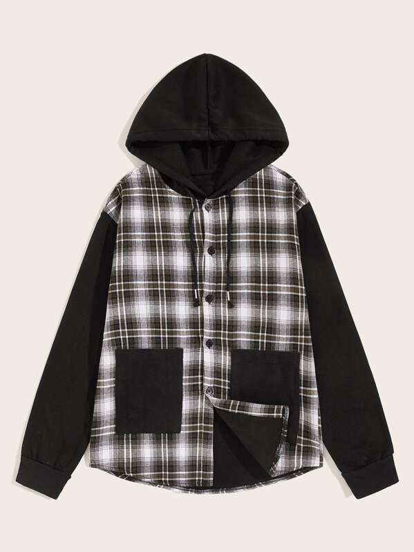 

Men Flap Pocket Tartan Drawstring Hooded Flannel Jacket, Multicolor