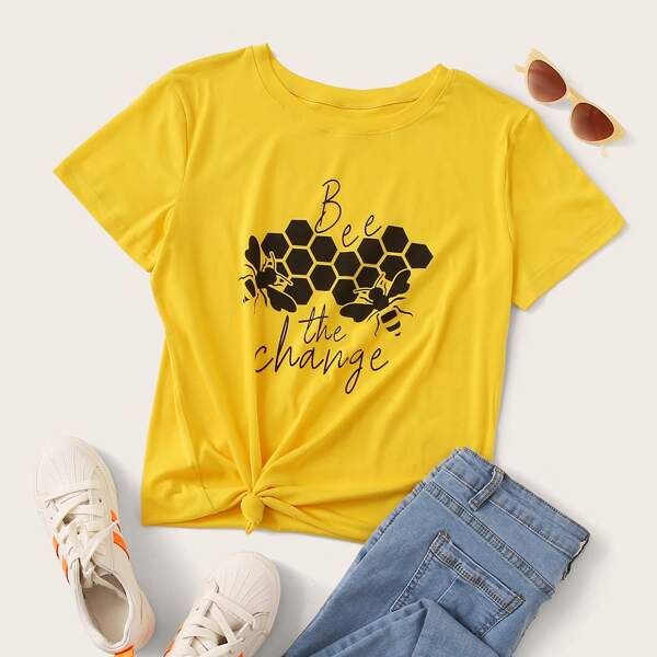 

Bee And Letter Graphic Tee, Mustard yellow