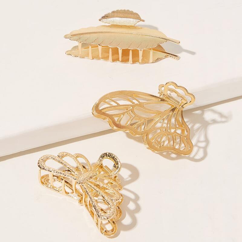 

3pcs Leaf & Butterfly Shaped Hair Claw, Gold