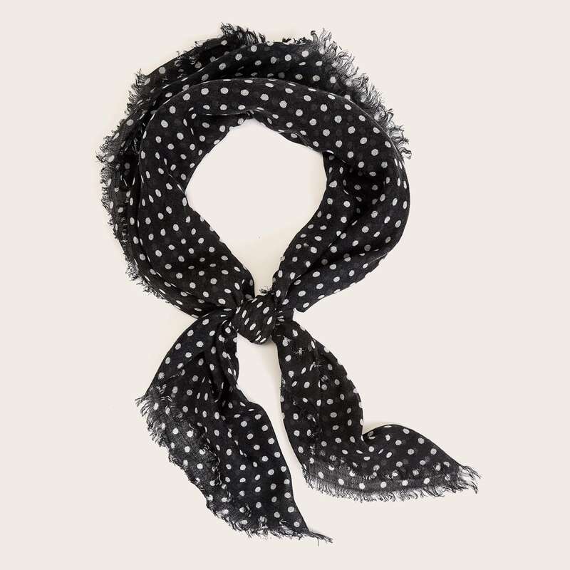 

Polka Dot Pattern Raw Hem Scarf, Black