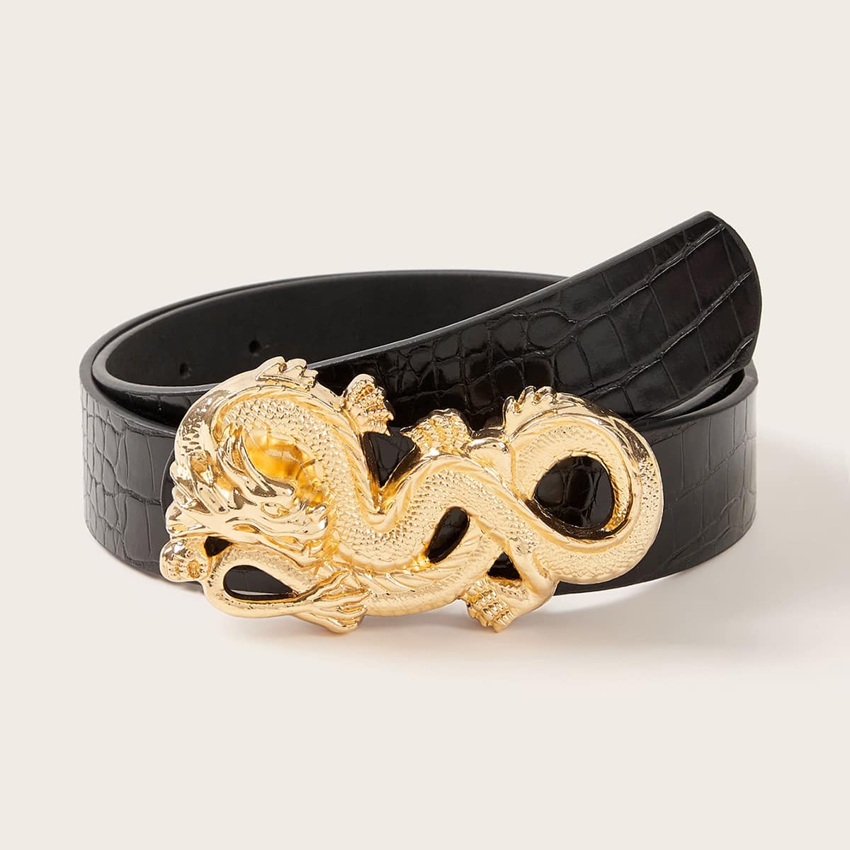 

Crocodile Pattern Dragon Buckle Belt, Black