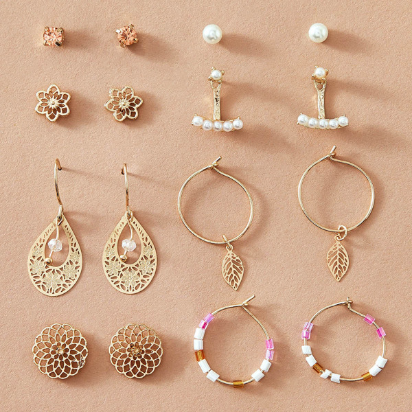 

8pairs Flower & Leaf Decor Earrings, Gold