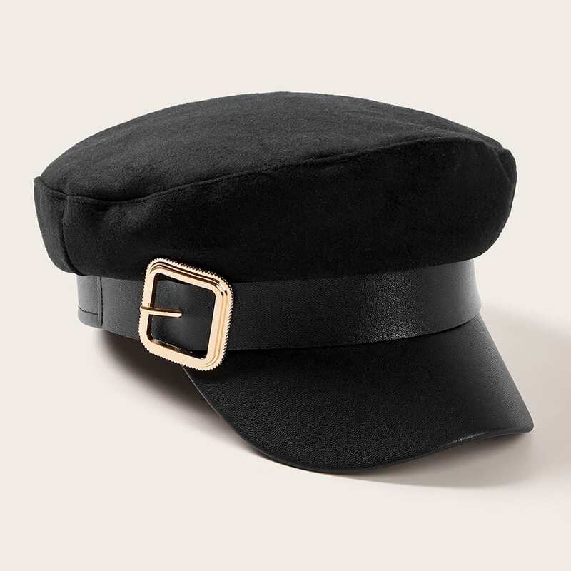 

Buckle Belt Decor Baker Boy Hat, Black