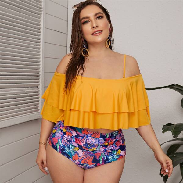 

Plus Tiered Layer Top With Floral High Waisted Tankini, Multicolor
