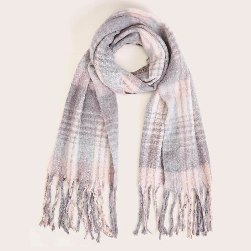 

Plaid Pattern Fringe Scarf, Multicolor