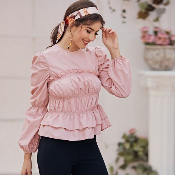 

Ruffle Trim Crinkle Front Peplum Top, Pink pastel