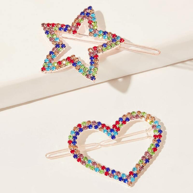 

2pcs Rhinestone Engraved Star & Heart Hair Clip, Multicolor