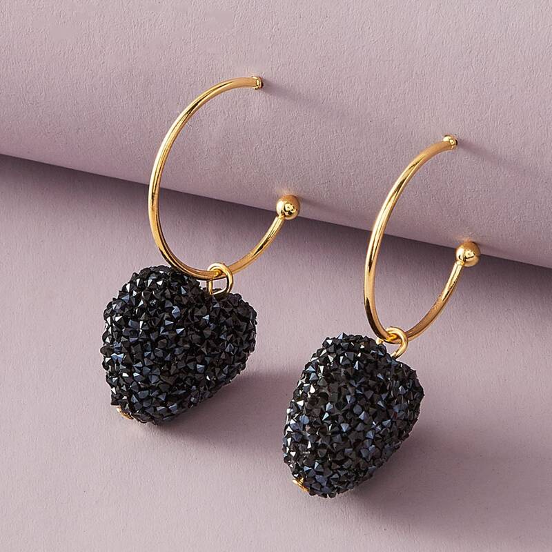 

1pair Cuff Ring Decor Heart Drop Earrings, Black