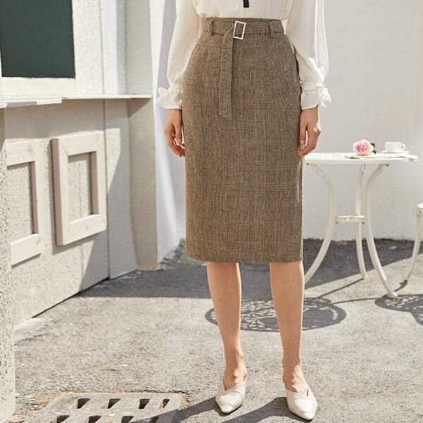 

Buckle Belted Slit Hem Plaid Skirt, Khaki