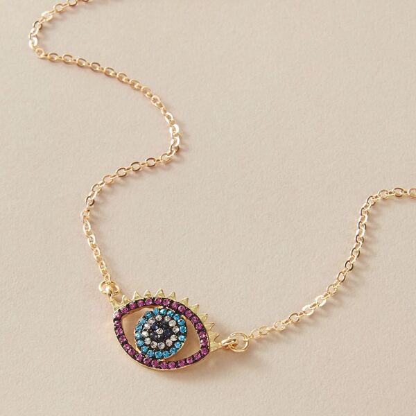 

1pc Rhinestone Engraved Eye Charm Necklace, Gold