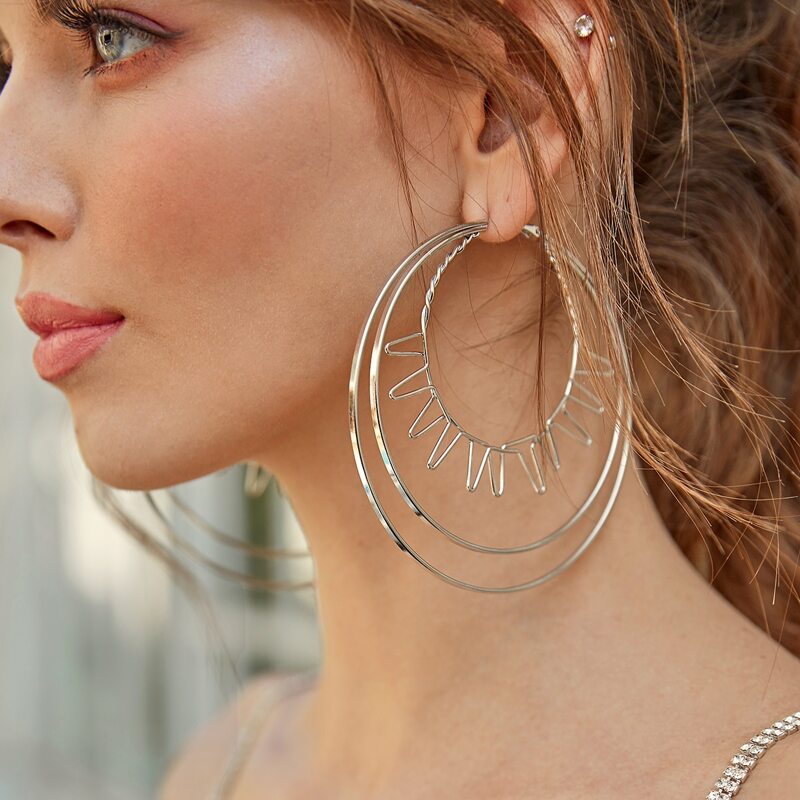 

1pair Metallic Layered Hoop Drop Earrings, Silver