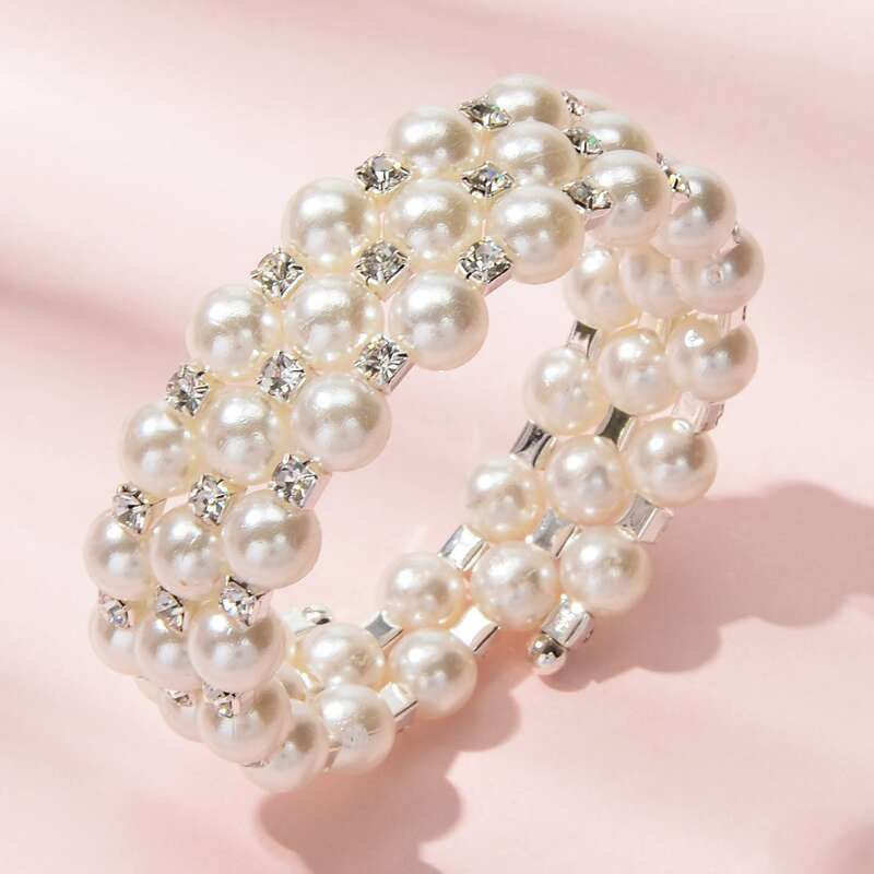 

1pc Rhinestone Engraved Faux Pearl Beaded Bracelet, White