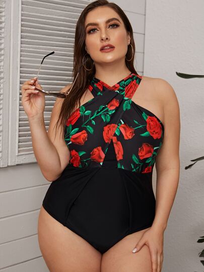 Plus Floral Print Wrap One Piece Swimwear