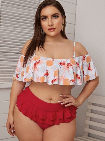 Plus Tropical & Flamingo Print Flounce Tankini